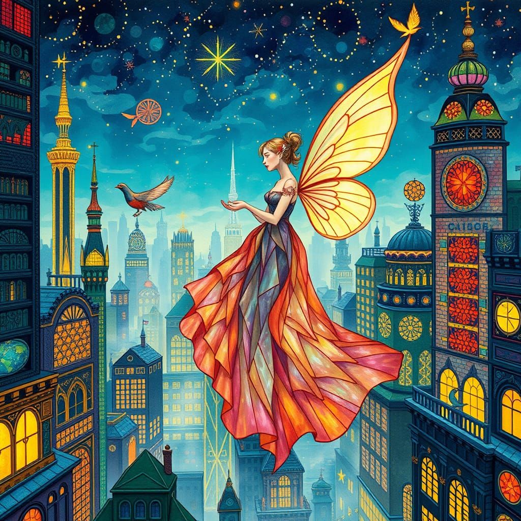 Geometric Fairy in Pointillist Cyberpunk Cityscape