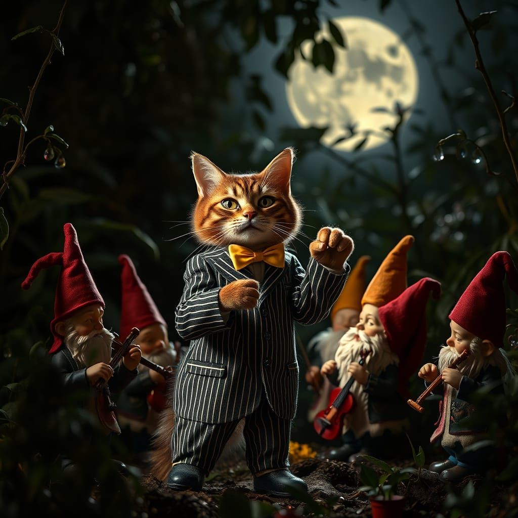 Cat Conductor Leads Gnome Orchestra in Moonlit Garden