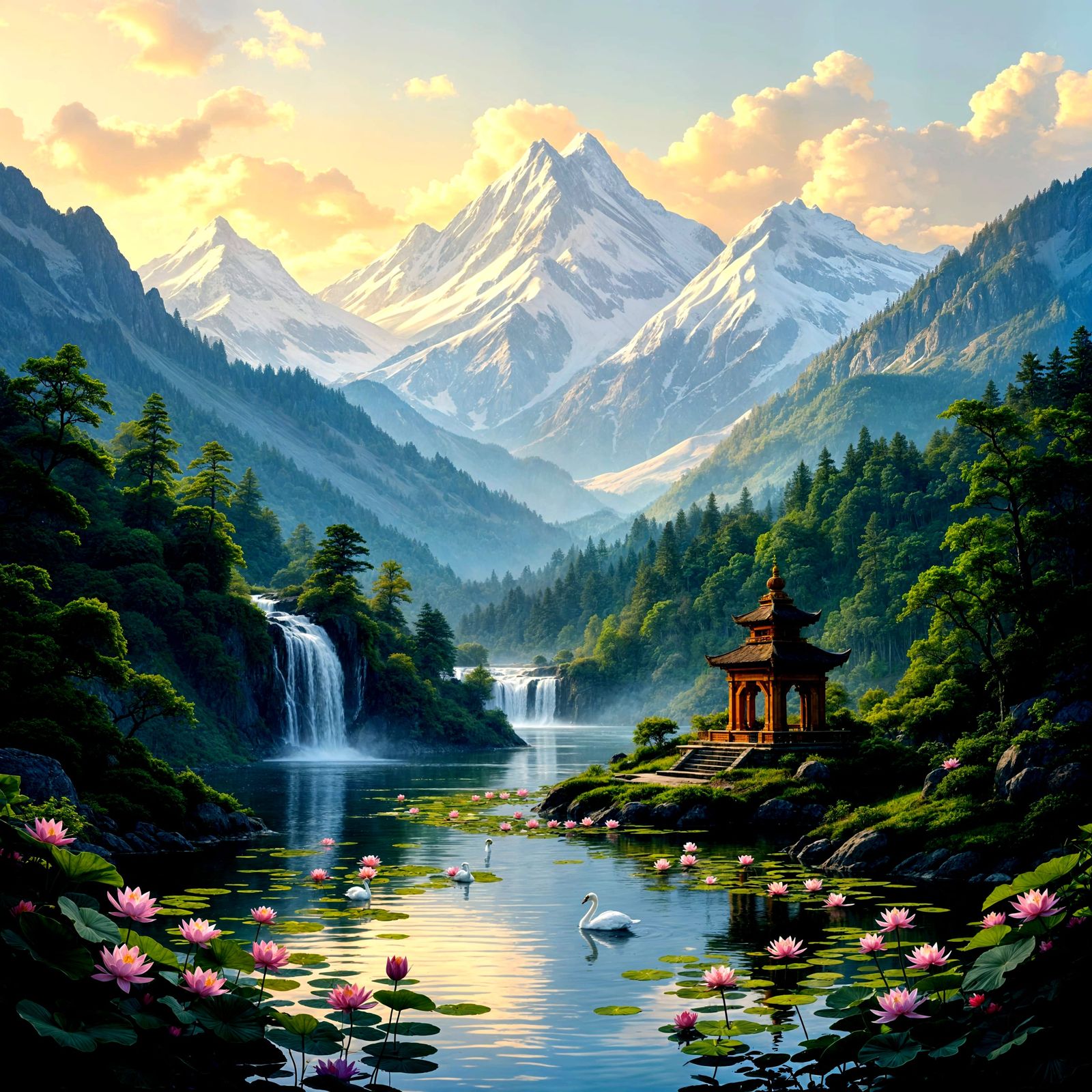 Golden Sunrise Over Forest and Mountains with Gopuram