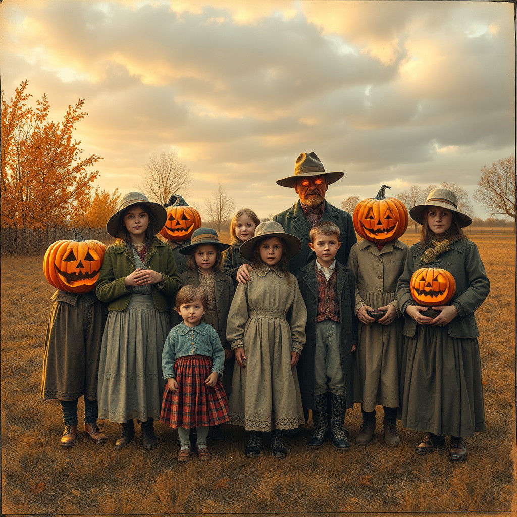 Autumn Family Photo with Jack O'Lantern Faces