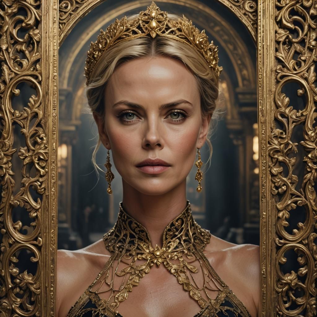 Charlize Theron Portrait in Ornate Golden Frame