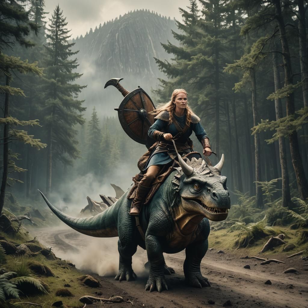 Viking Shieldmaiden Rides a Dinosaur: Cinematic Still