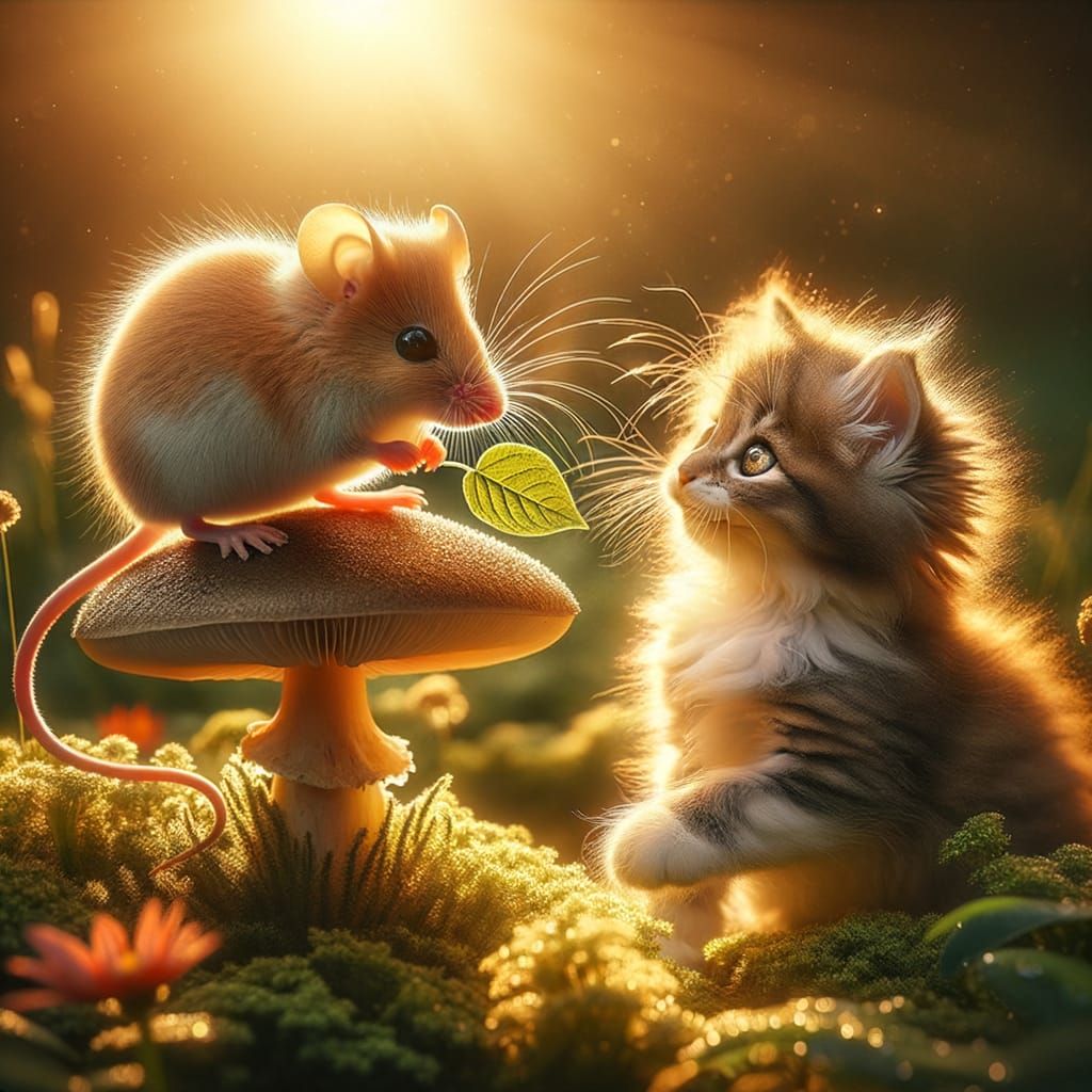 Gentle Kitten Befriends Shy Mouse in Garden