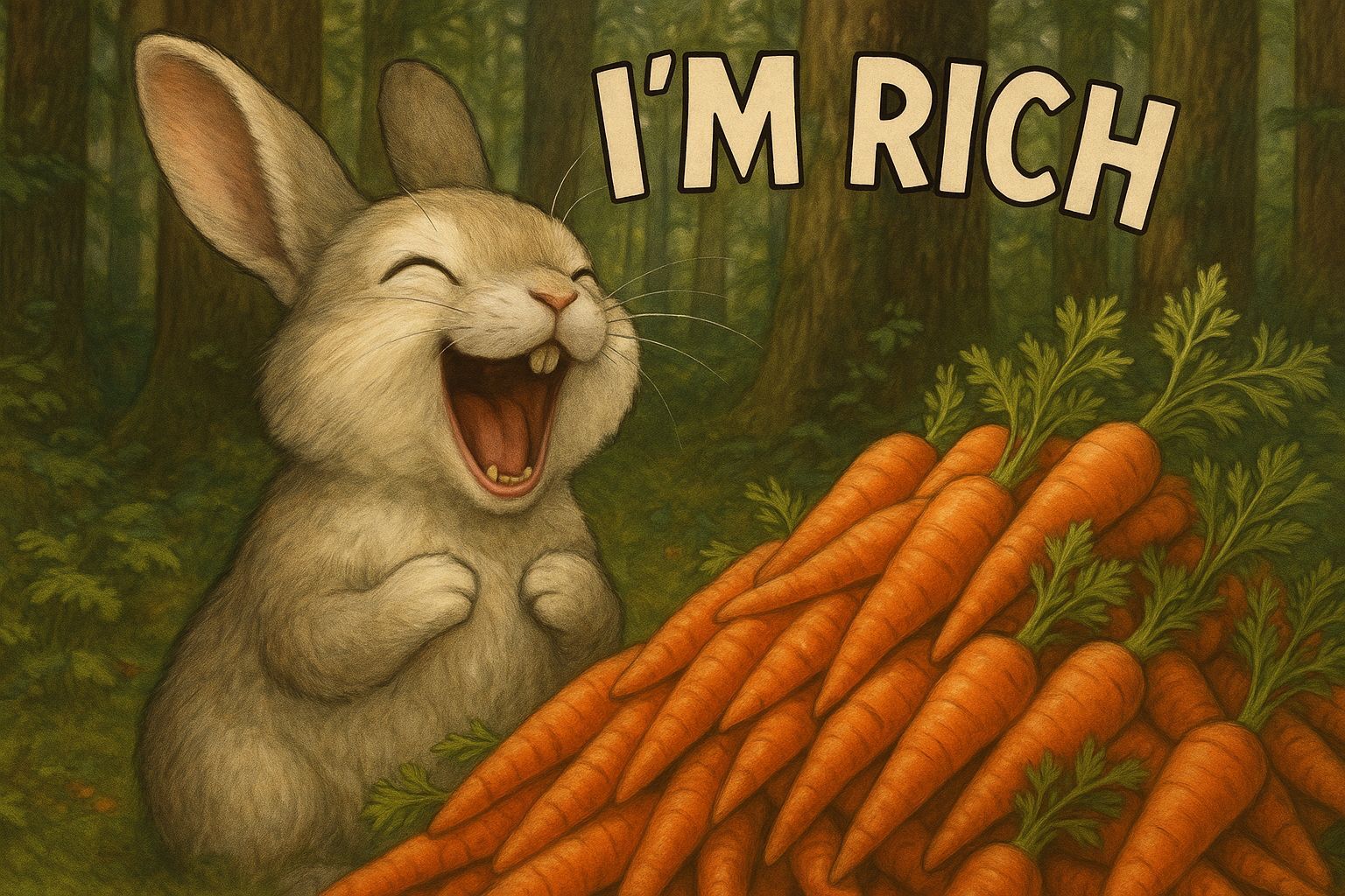 Amazed Bunny Finds Carrot Treasure in Forest