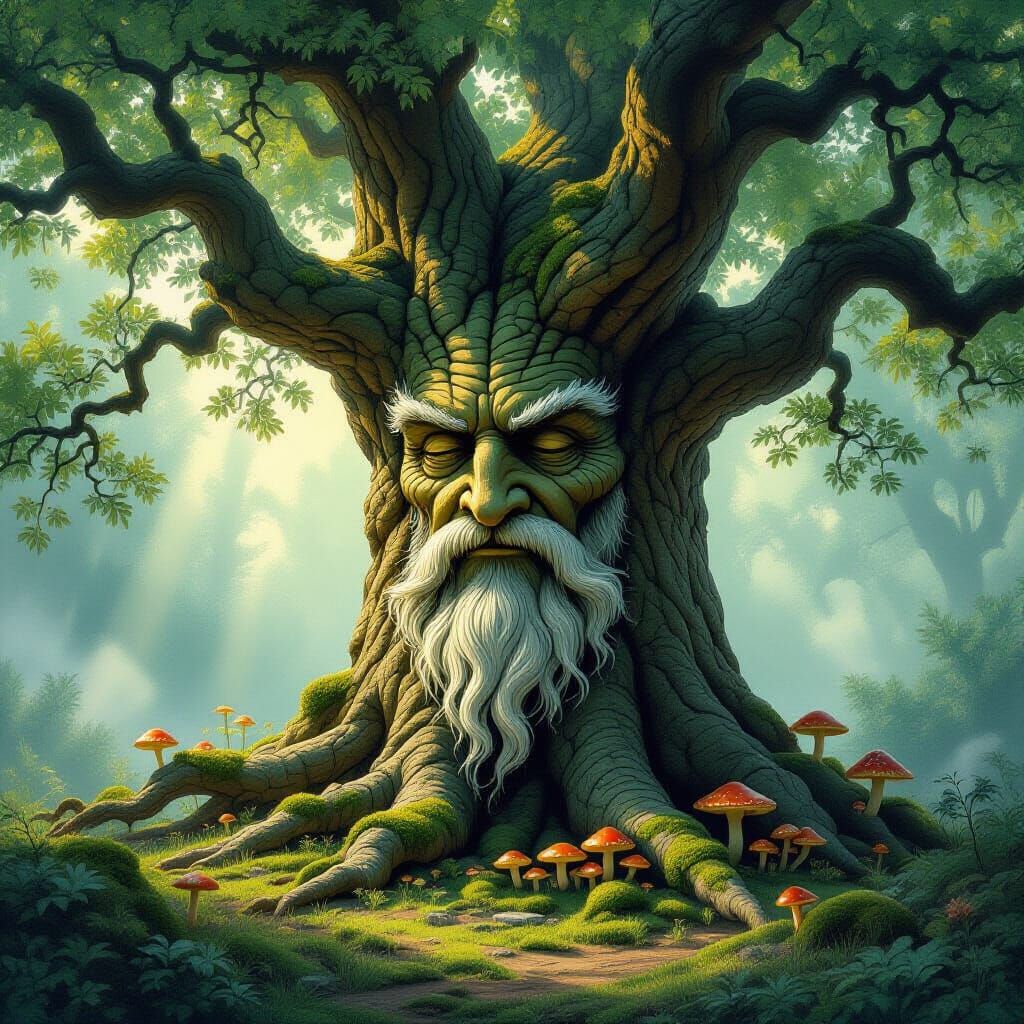 Wise Oak Tree Face in Enchanted Forest Clearing