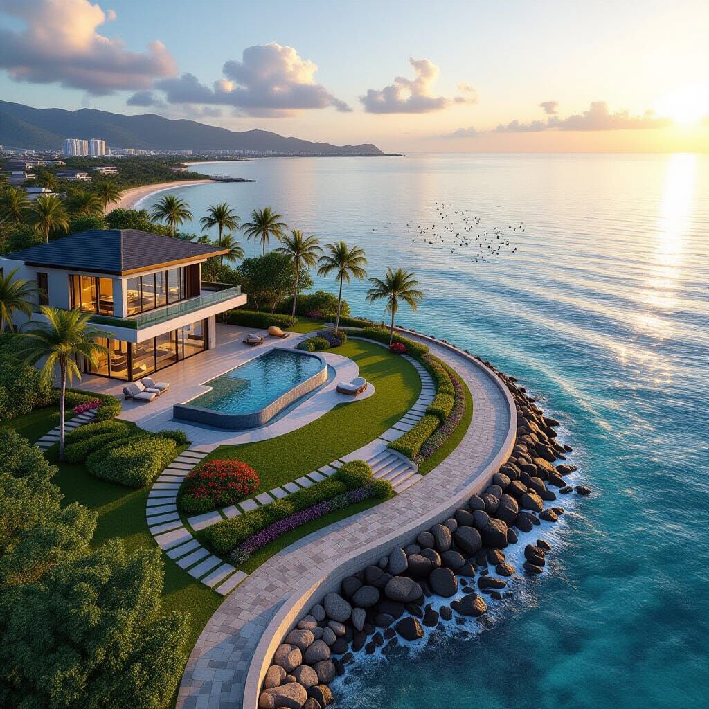 Estate on Shore Beside Breakwater at Dusk in Photorealistic ...