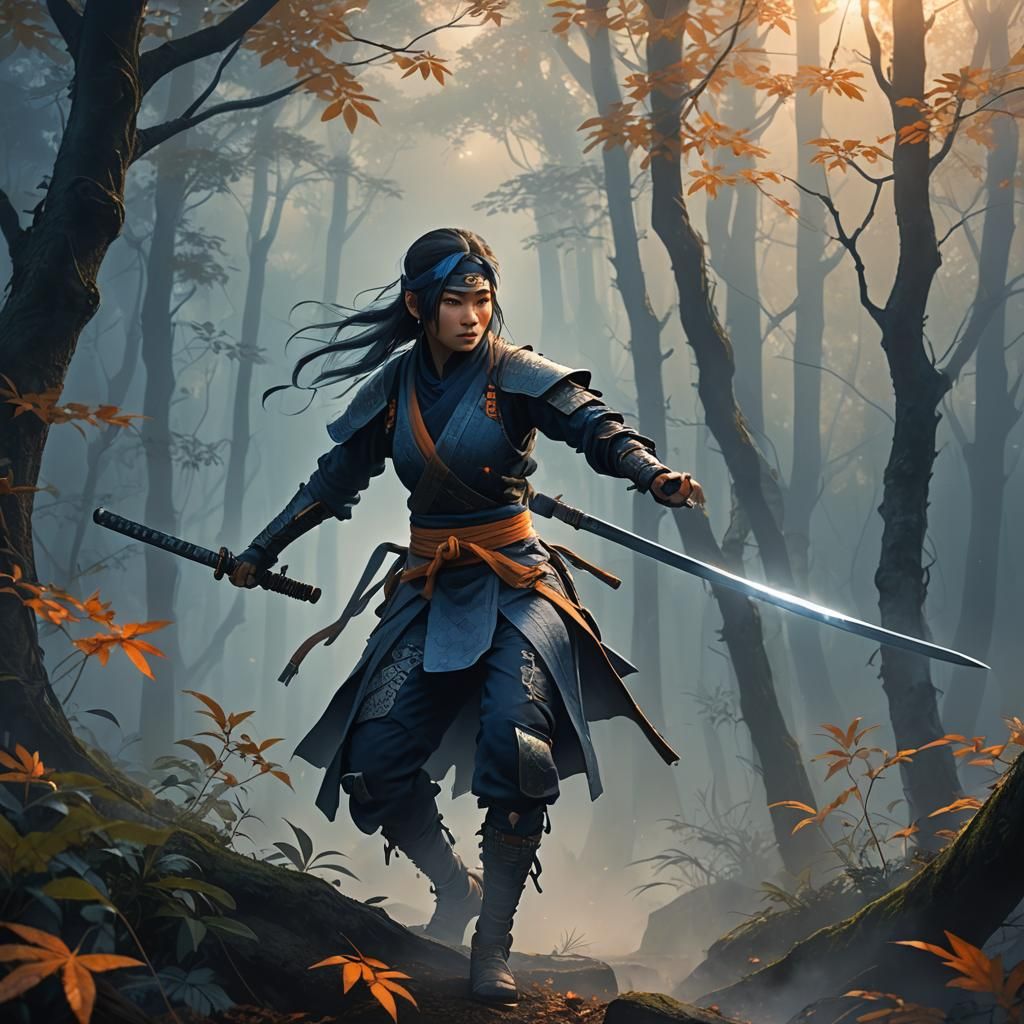 Ninja Girl in Misty Forest: Digital Matte Painting