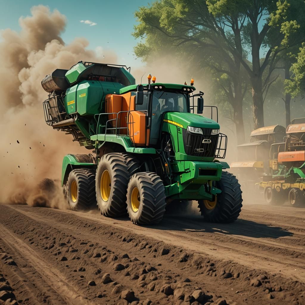 Combine Harvester Races on Dirt Track in Fantasy Art