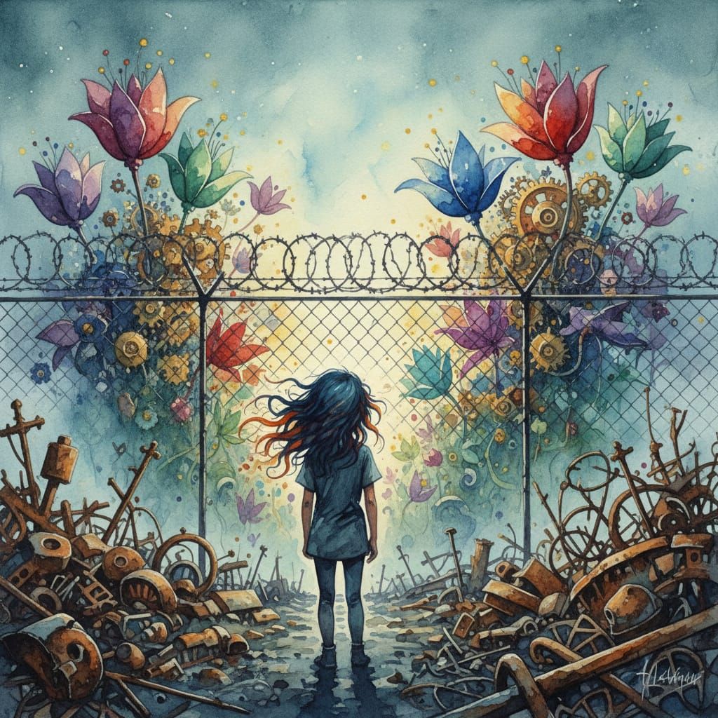 Child Gazes at Mechanical Garden in Scrapyard Watercolor