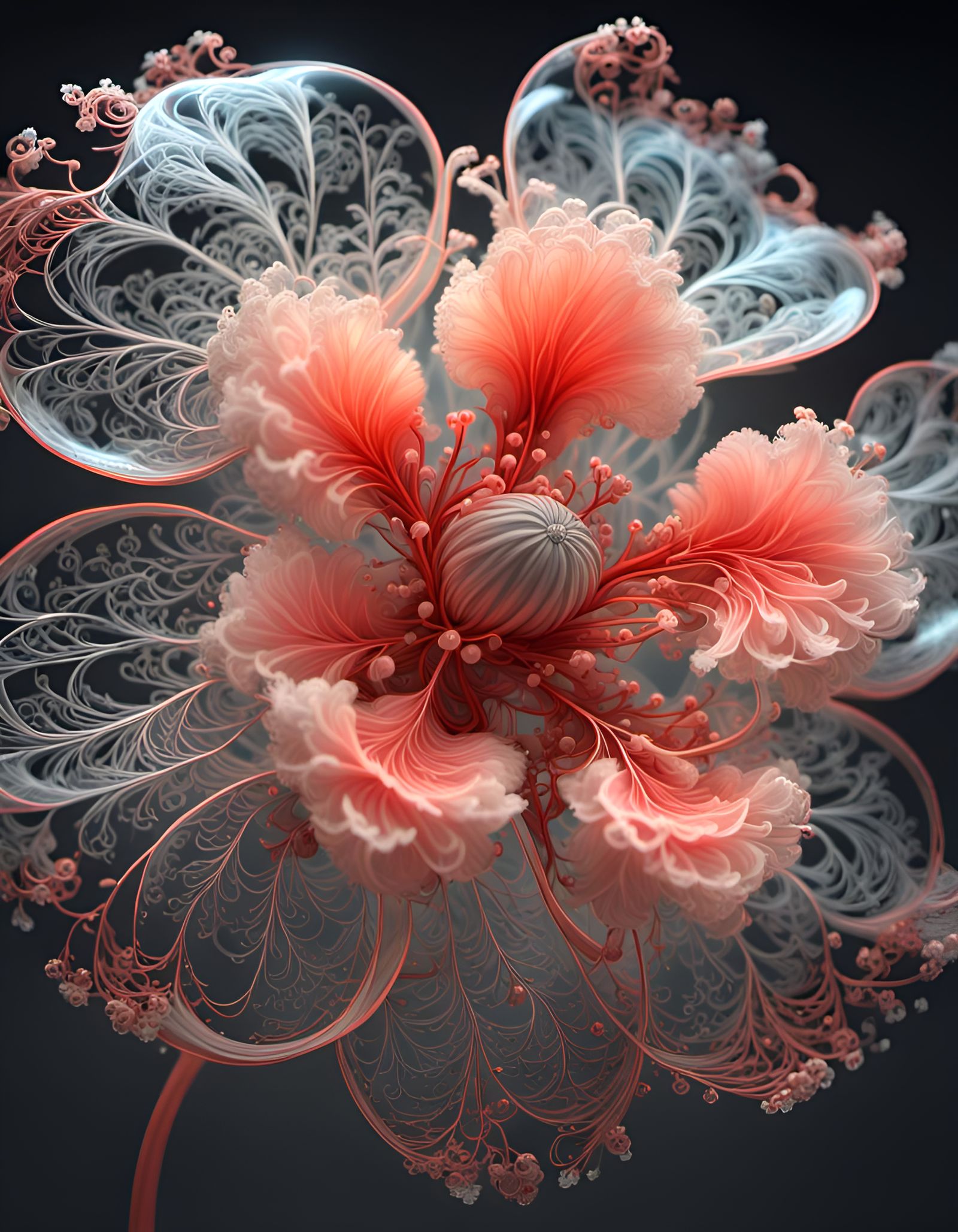 Luminous Filigree Flower in Light Peach and Red