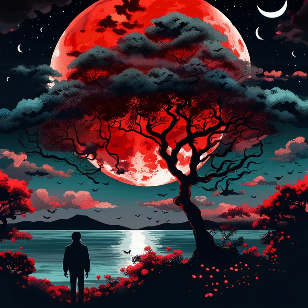 Surreal Ocean Nightscape with Red Moon and UFOs