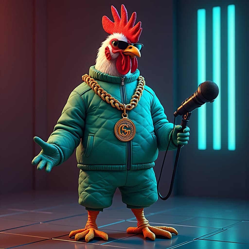 Chicken Rapper in Gucci Outfit, Digital Art