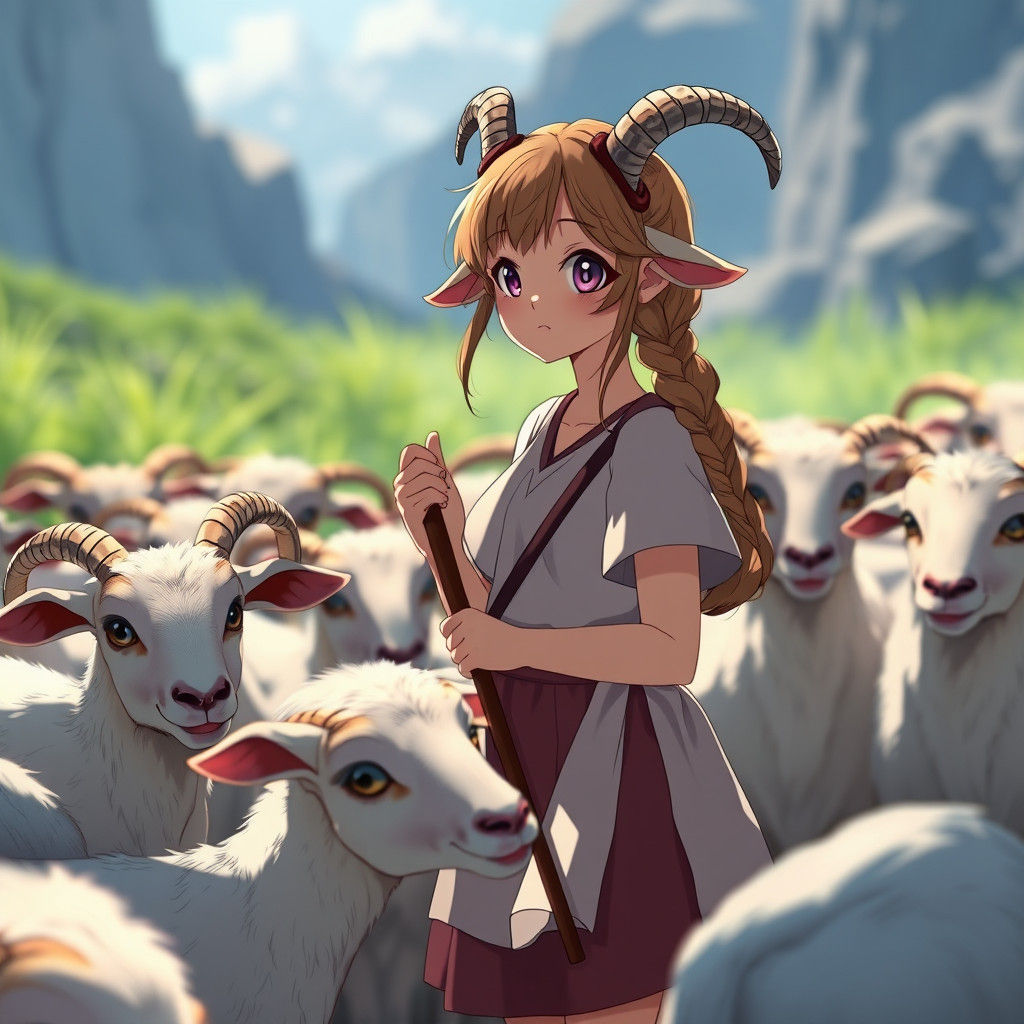 Pastoral Faun Girl Herding Goats, Ghibli-esque Anime