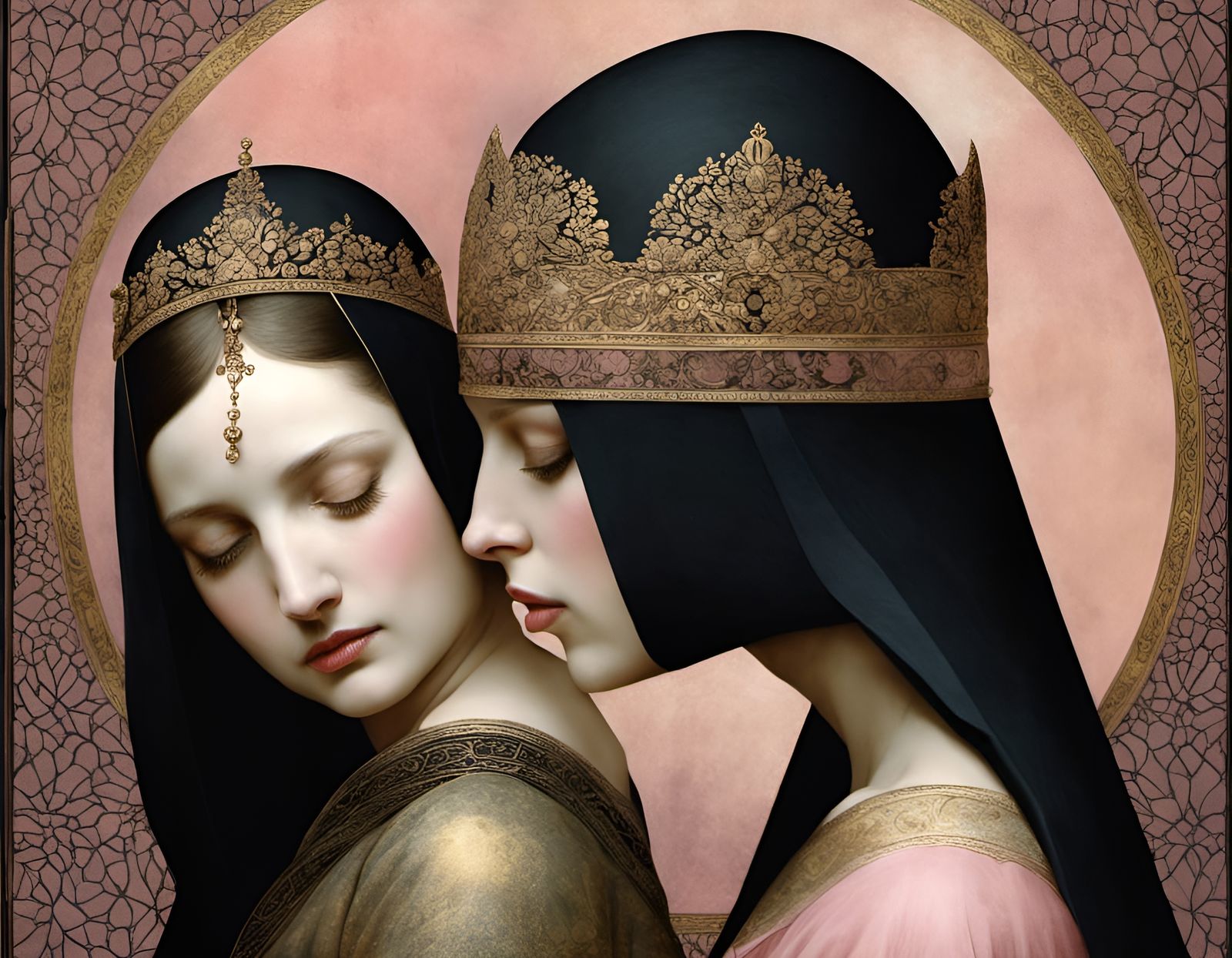 People Hugging in Delicate Surrealism Style