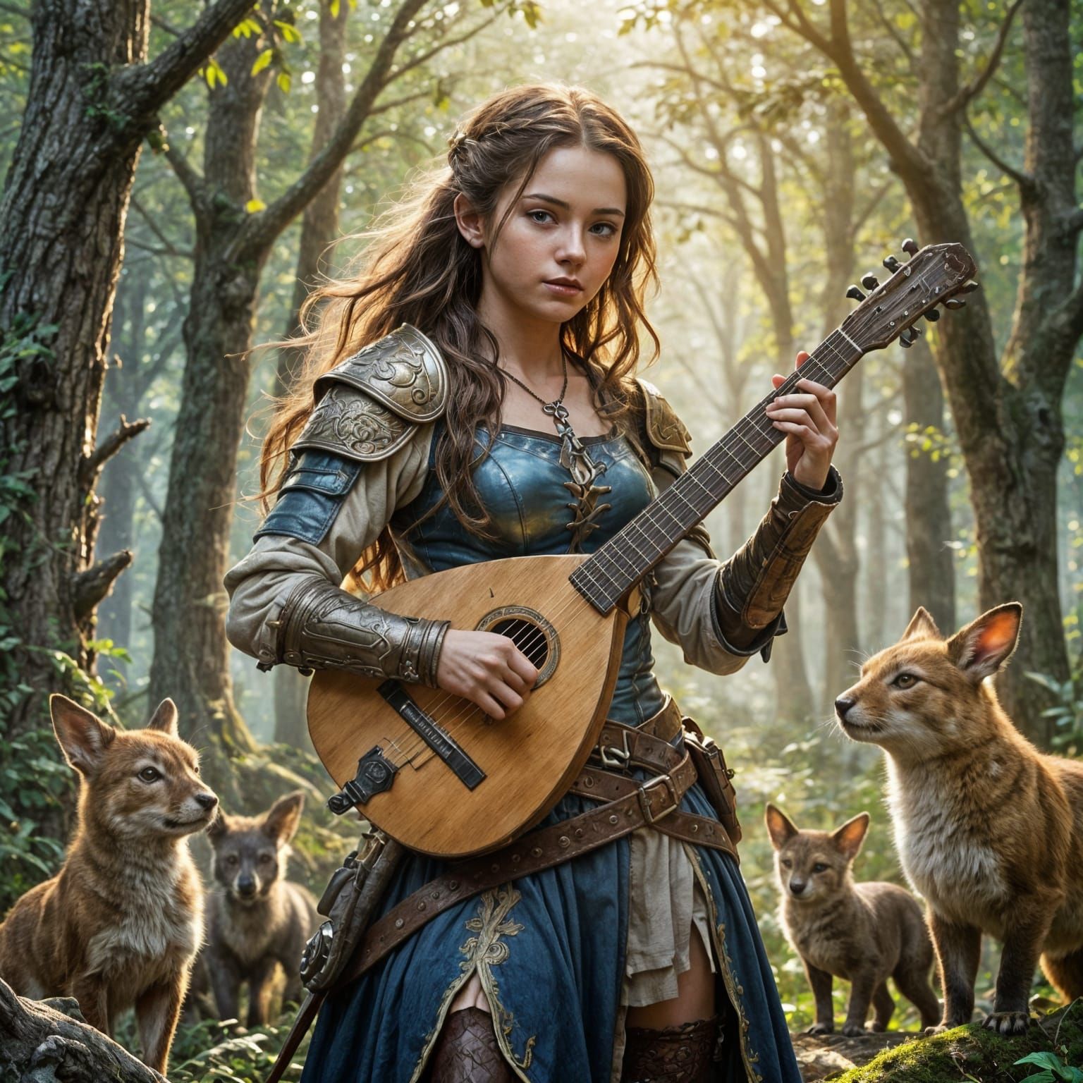 Halfling Bard Surrounded by Forest Animals in Hyperrealism