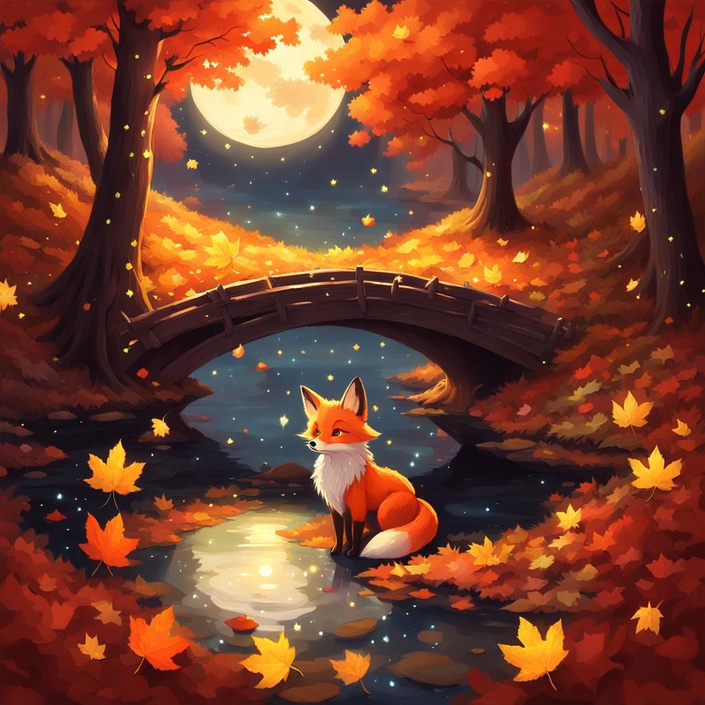 Autumn Fairy in Forest Oil Painting with Fox