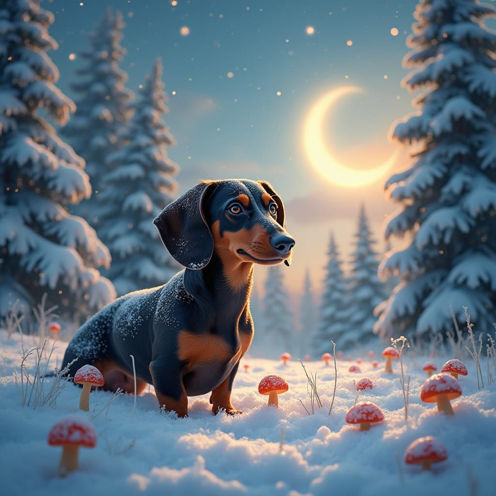 Surreal Winter Scene with Dachshund in Snowy Forest under Ce...