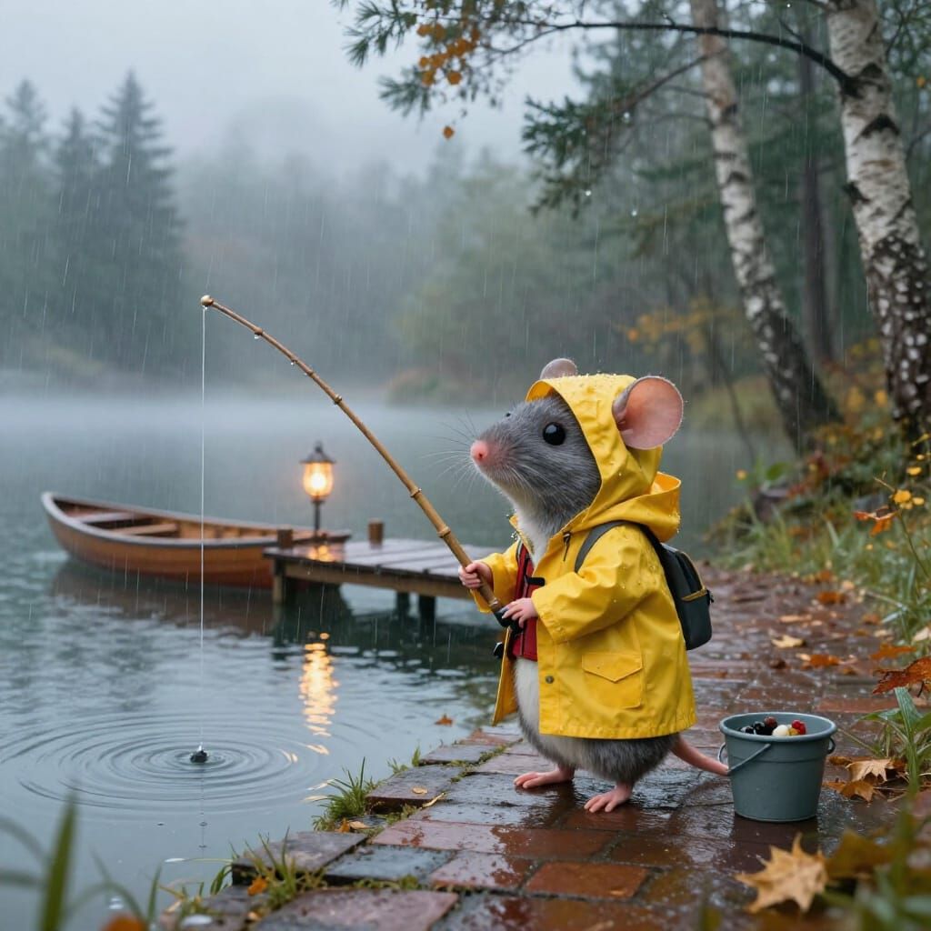 Mouse Fisherman in Gentle Rain, Children's Illustration Styl...