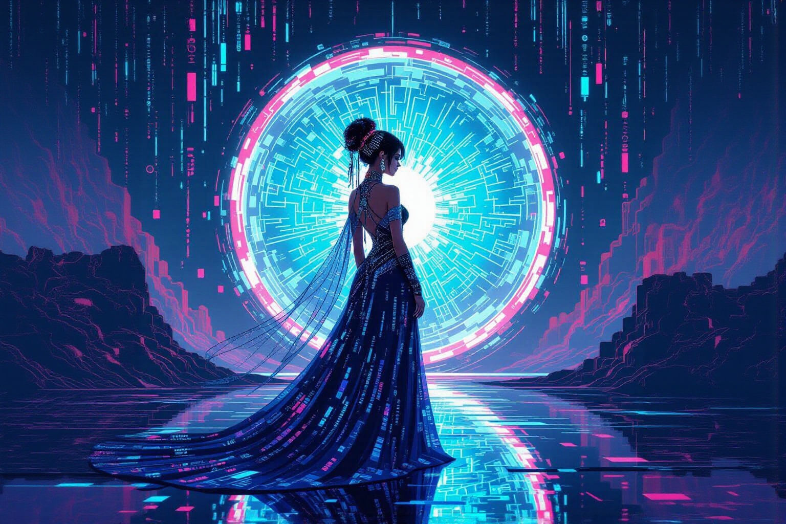 Digital Oracle Before Portal in Alphonse Mucha Style