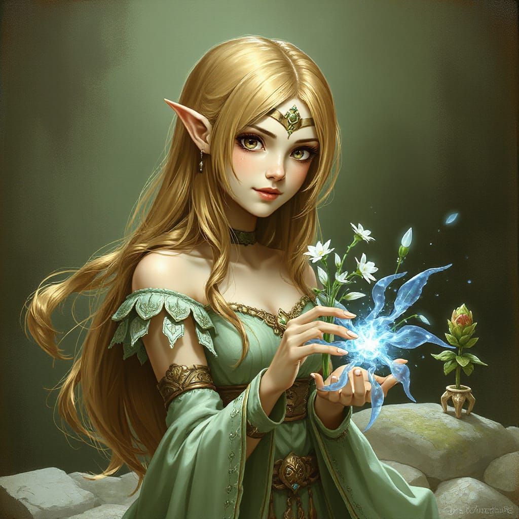 Mystical Elven Goddess Nurtures Magical Bloom
