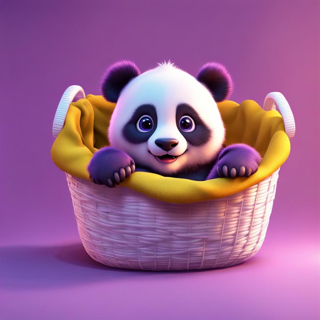 Cute Purple Panda Cub in Basket: Pixar Style