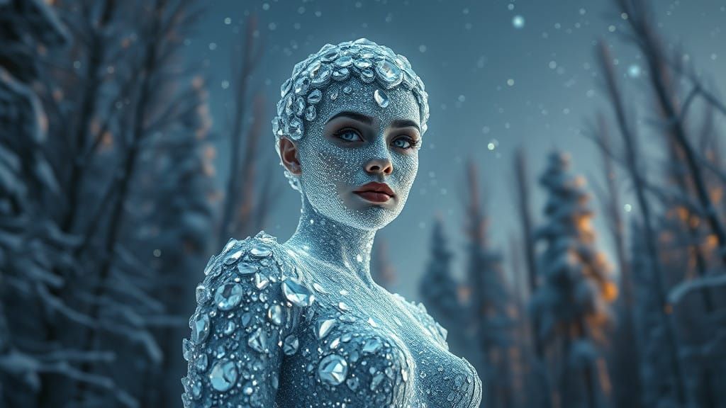 Diamond Goddess Emerging from Starry Forest in Cyberpunk Sty...