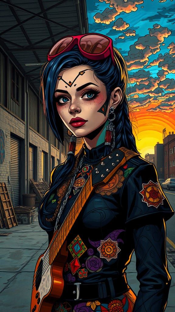 Cyborg Mariachi in Vibrant, Impressionistic Abandoned Wareho...