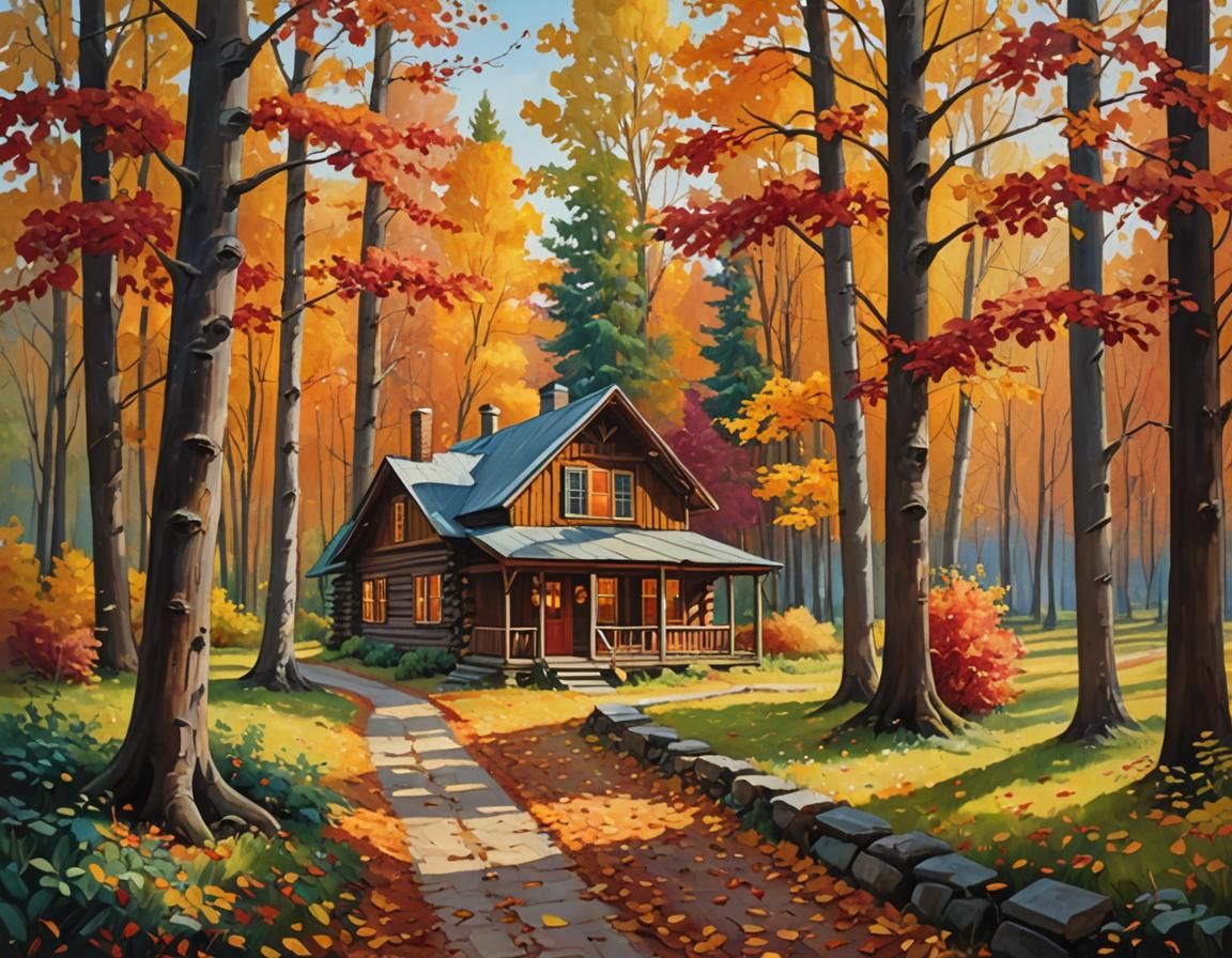 Autumn Cabin in Impressionist Oil Painting