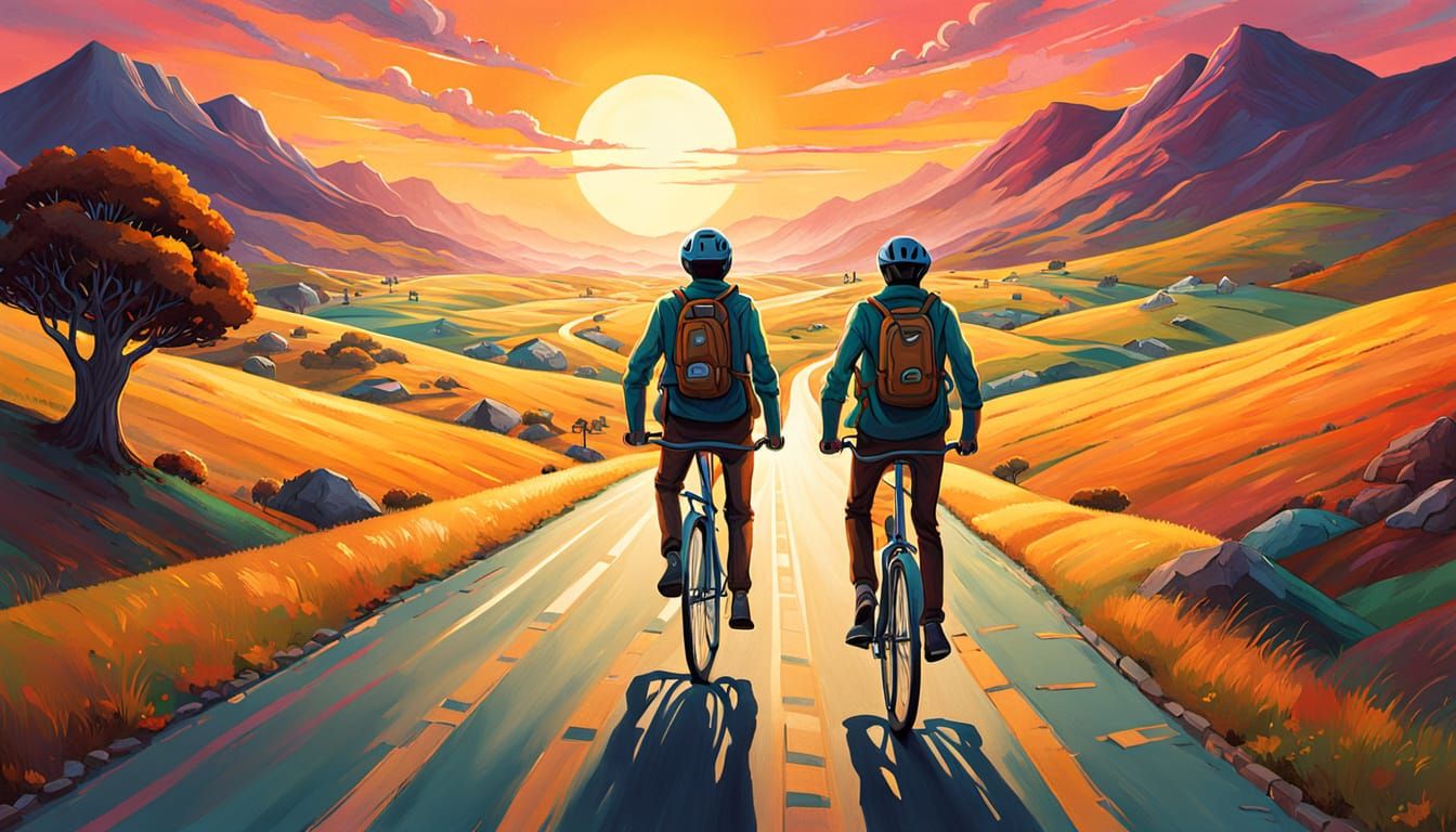 Two bipedal human walking a pair of bicycles down a two lane...