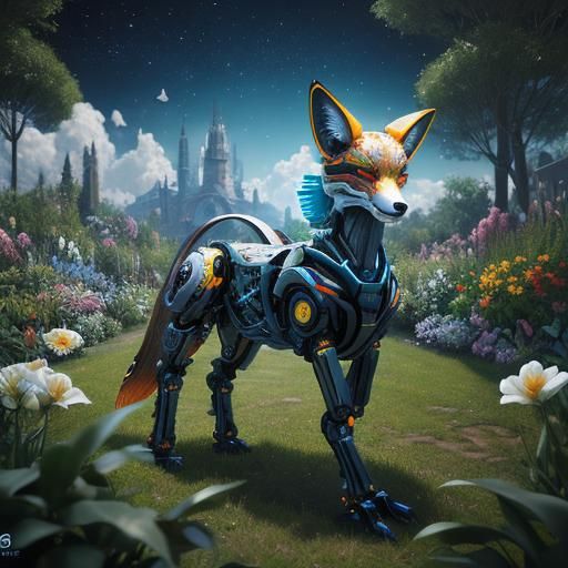 Robotic Cyborg Fox in Astral Garden
