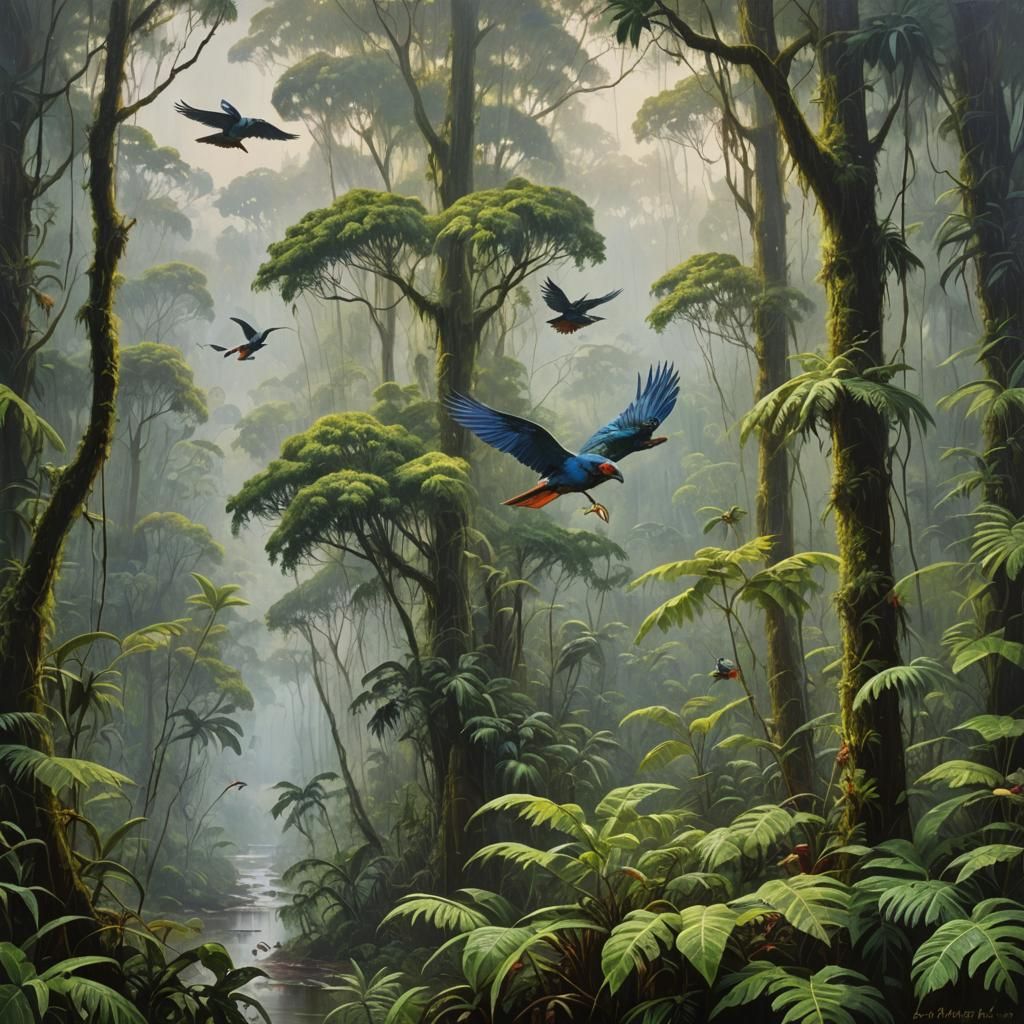 Misty Rainforest Scene in Oil Painting Style