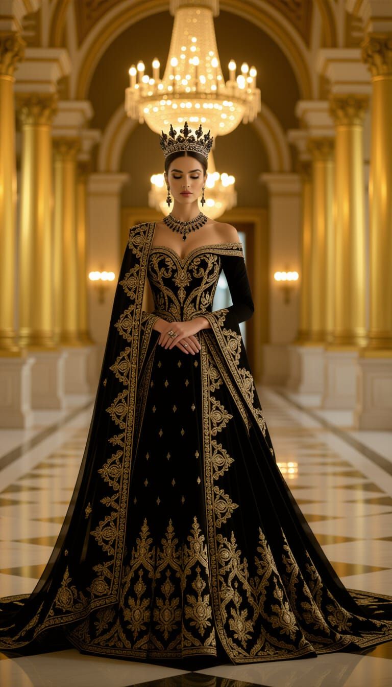 Regal Queen in Opulent Gown in Grand Palace Hall