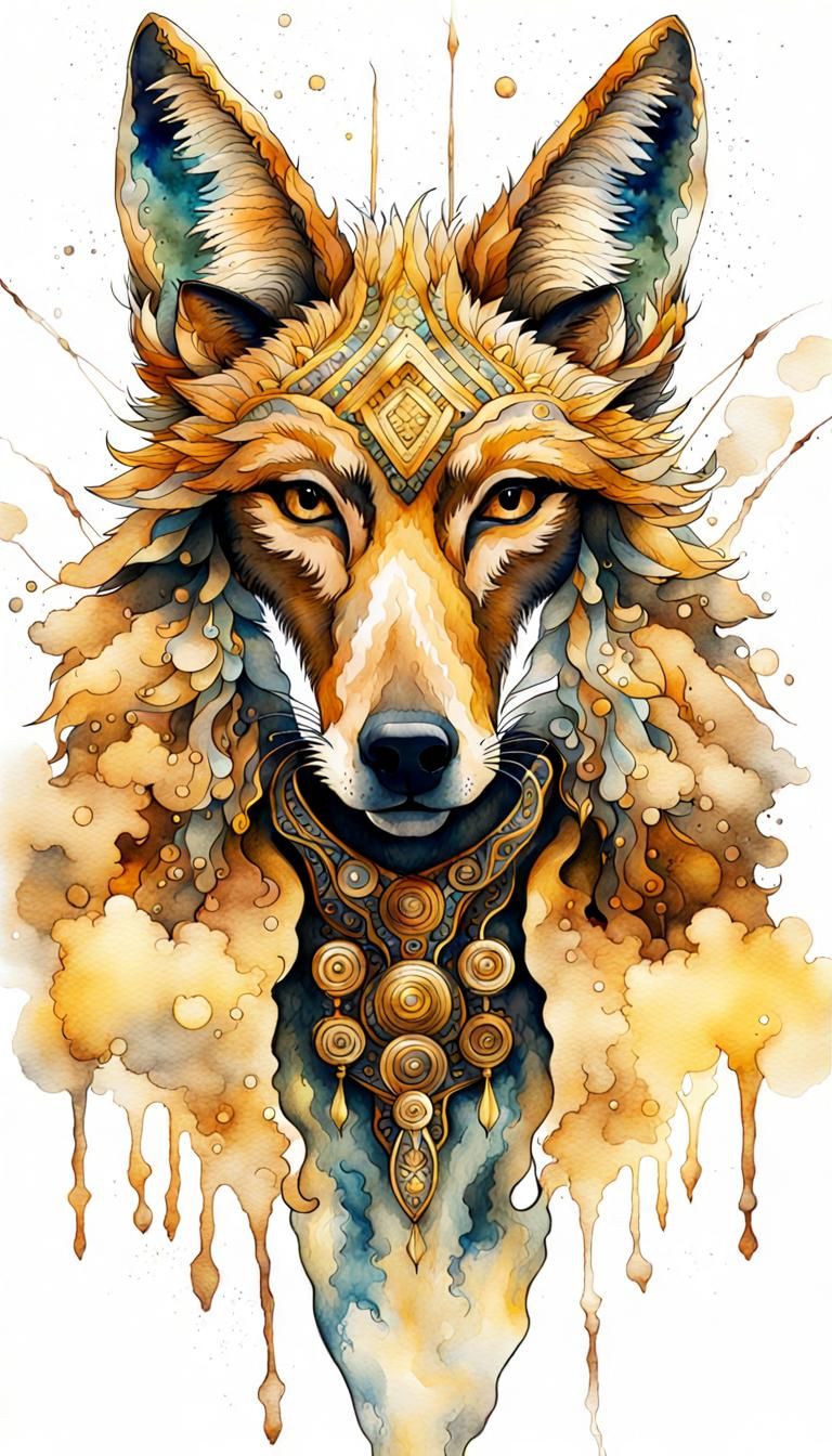 Dramatic Coyote God in Watercolor Ink Splash Art