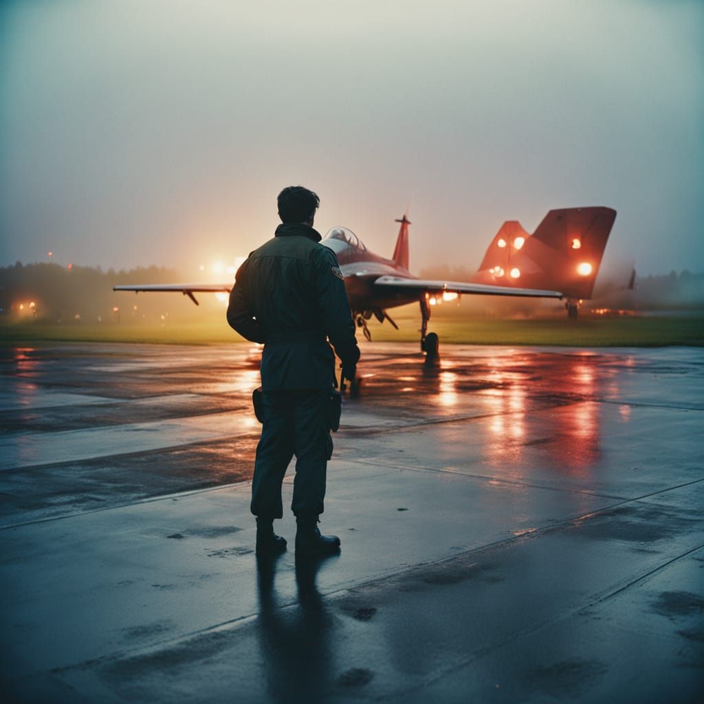 Lone Pilot in Kodachrome Hues on Misty Airfield