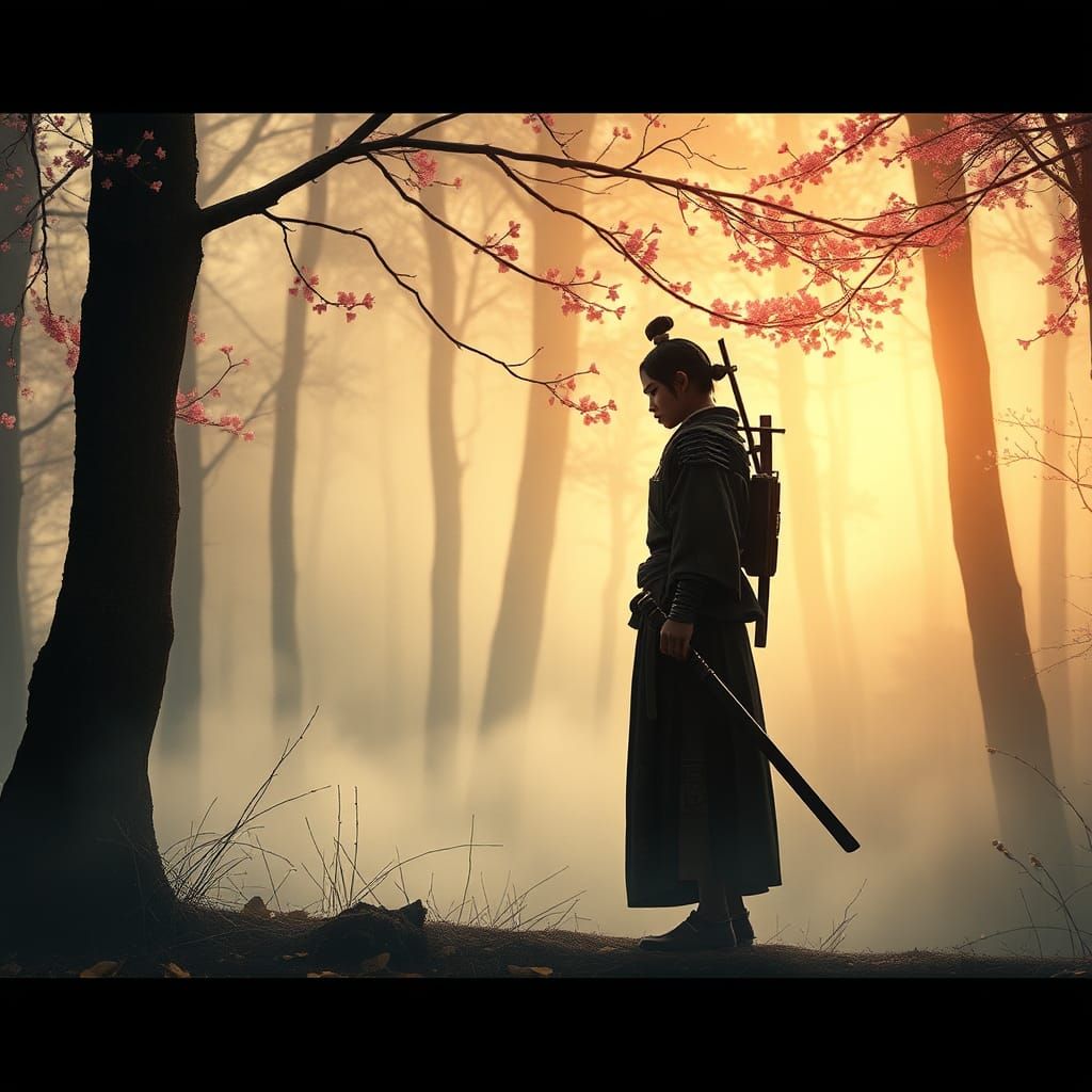 Samurai in Misty Forest: A Cinematic Mixed Media Artwork