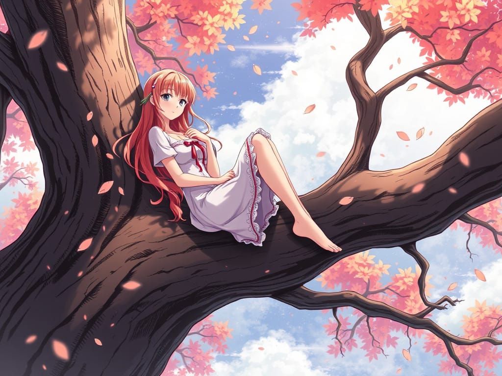 Anime-Inspired Barefoot Girl in a Tree