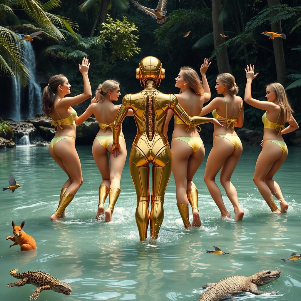 Golden Goddesses Dance with Chrome Robot in Tropical Paradis...