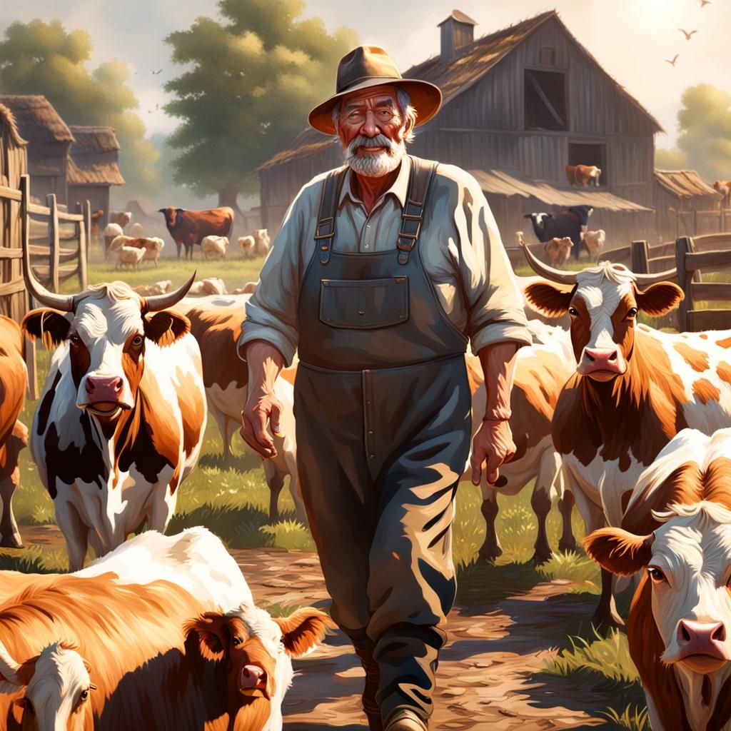 Hyperrealistic Farm Scene with Old Farmer