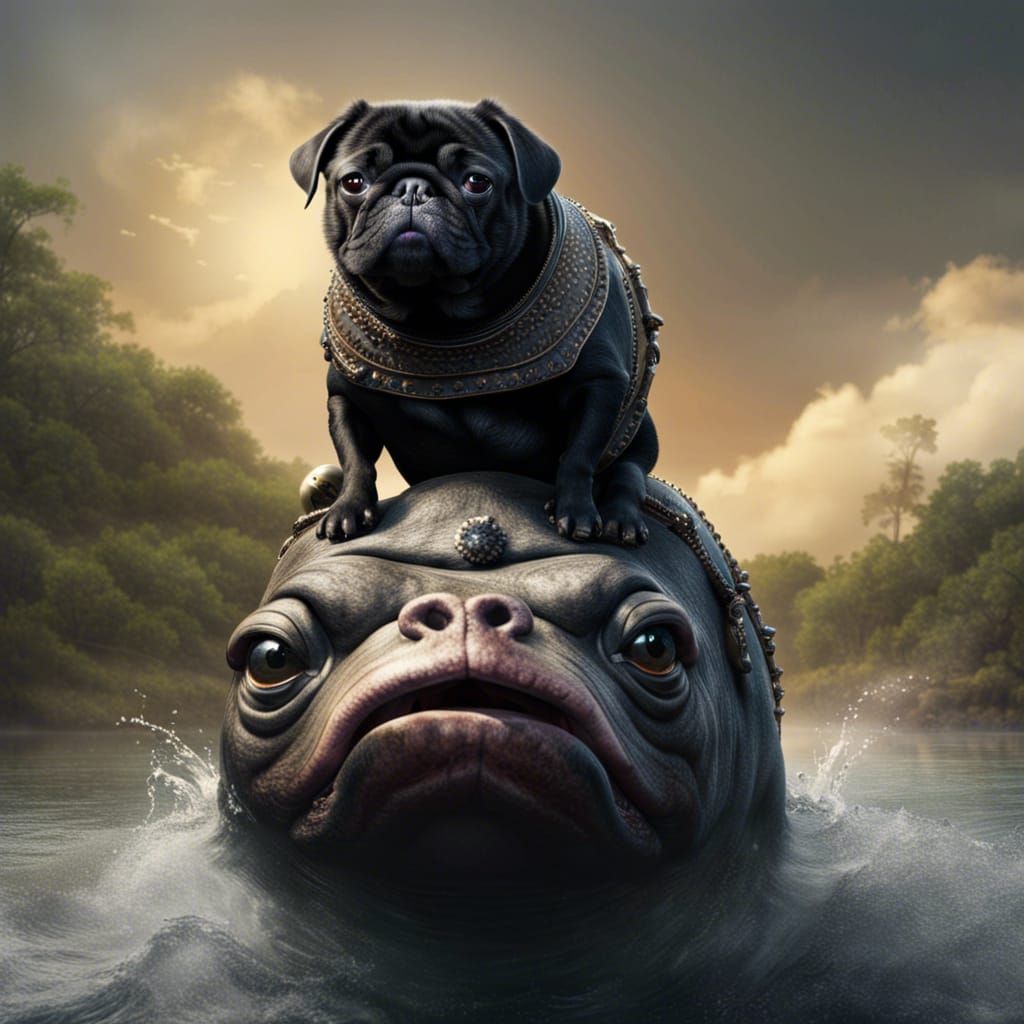 Black Pug Rides Hippo: Epic Digital Painting