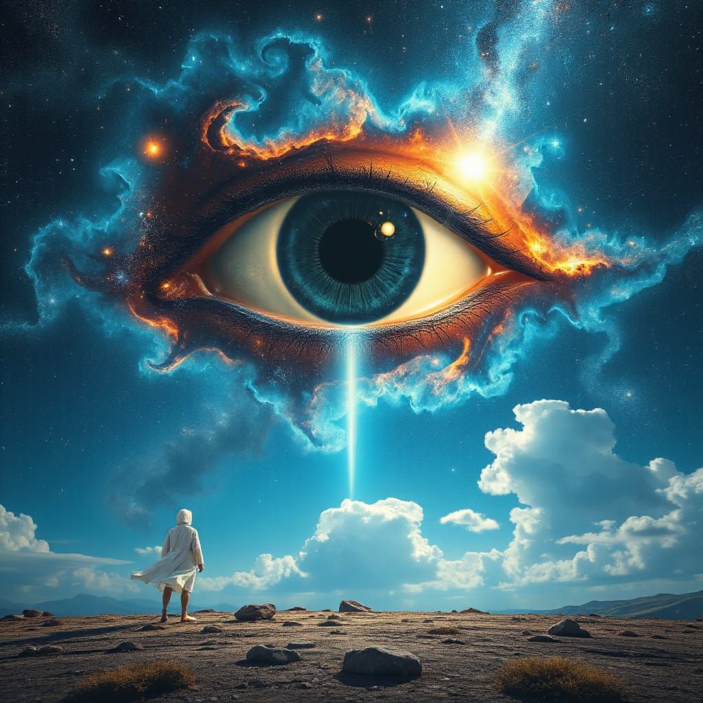 Ethereal Figure Under Cosmic Eye in Dreamlike Landscape