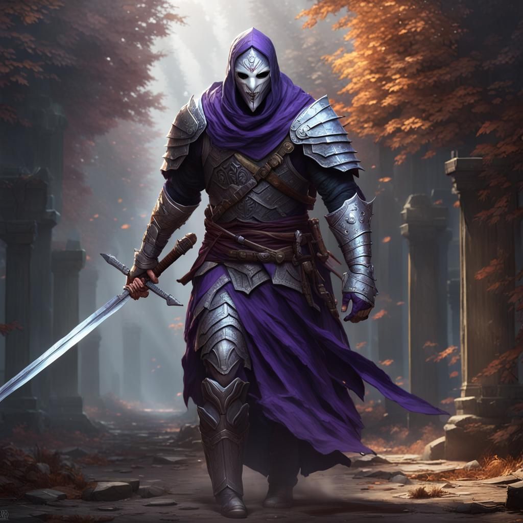 Masked Warrior with Curved Sword: Dark Fantasy Art