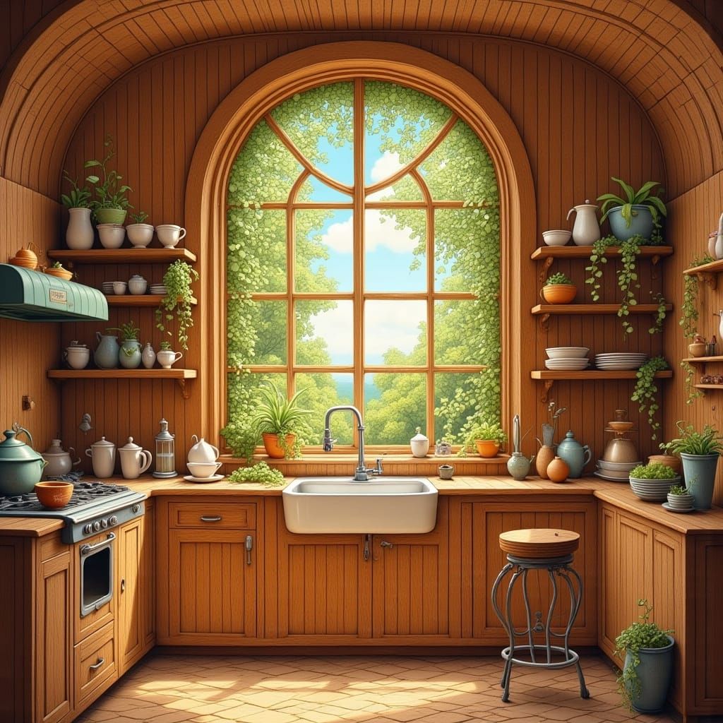 Storybook Kitchen with Arched Window in Gentle Daylight