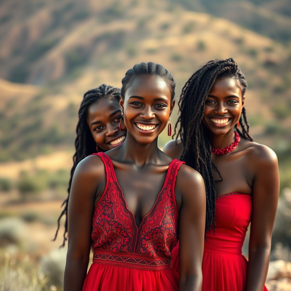 Smiling Women in Red Dresses, Photo-Realistic Image