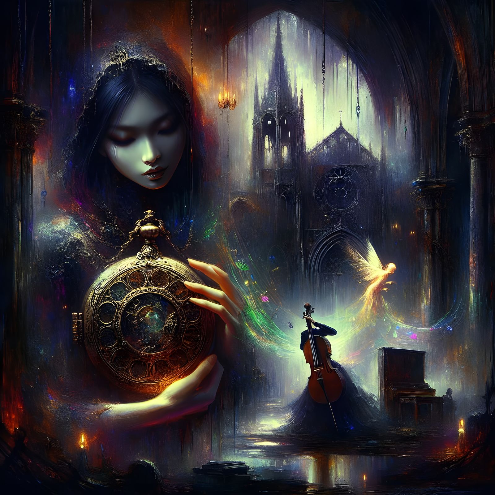 Surreal Gothic Locket Scene in Oil on Canvas Style