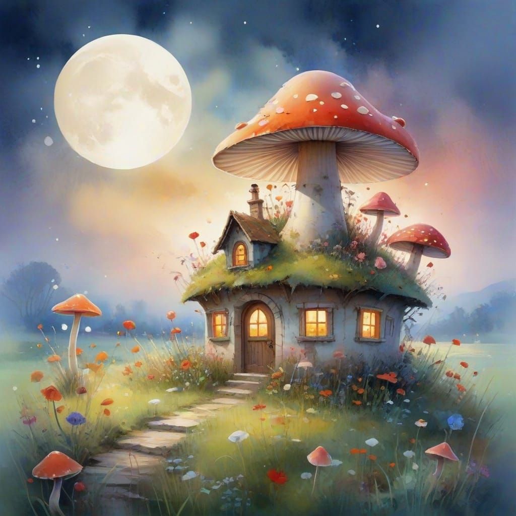 Fairytale Mushroom House in Moonlit Meadow, Watercolour Styl...