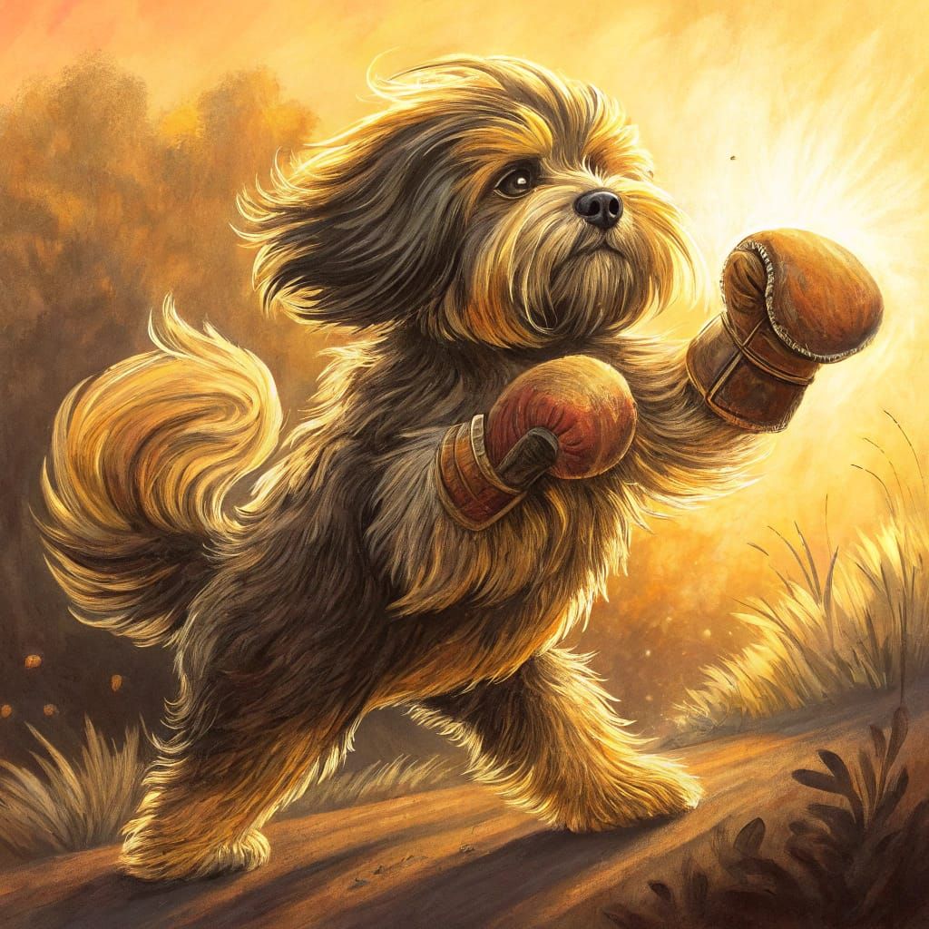 Golden Havanese Dog in Dynamic Kickboxing Pose