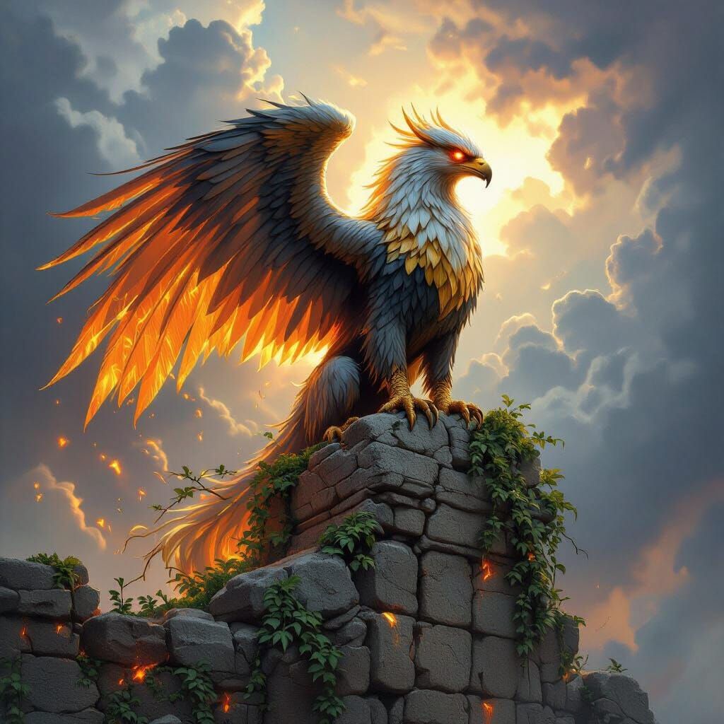 Golden Griffin Perched on Ancient Ruins