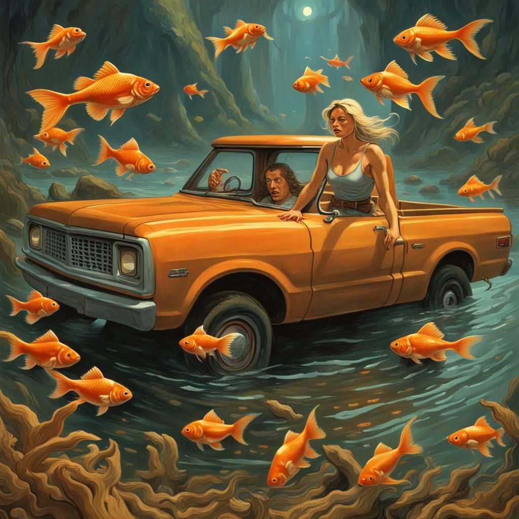 Surreal Truck Ride Surrounded by Goldfish, Gothic Horror Sty...