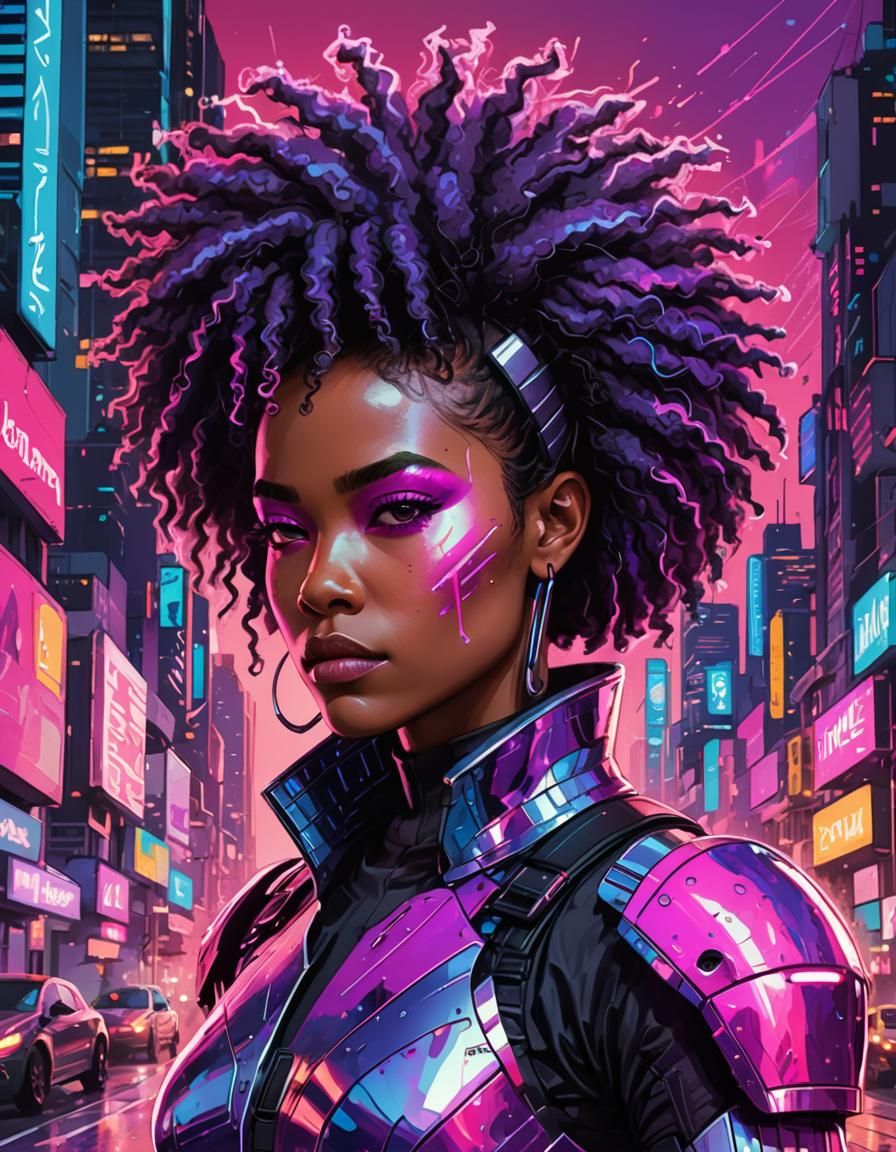 Cyberpunk Warrior in Neon Cityscape: Digital Line Drawing