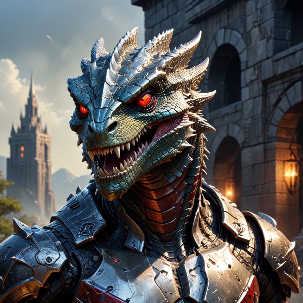 Lizardman Enforcer in Chrome Armor Oil Painting